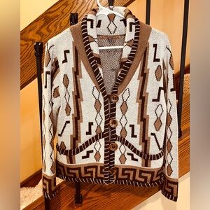 Peru Etnico 100% Baby Alpaca Cardigan/Montana Ranch/ Ivory And Browns-sz. Sm